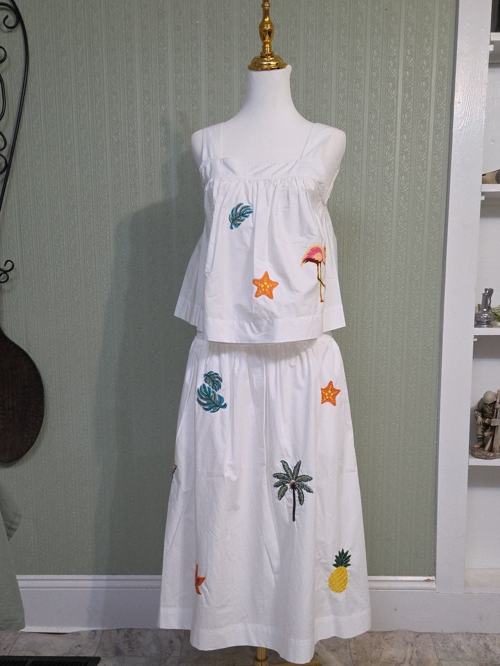 White Embroidered Tropical Maxi Skirt And Crop Top Set Resort Vacation Summer